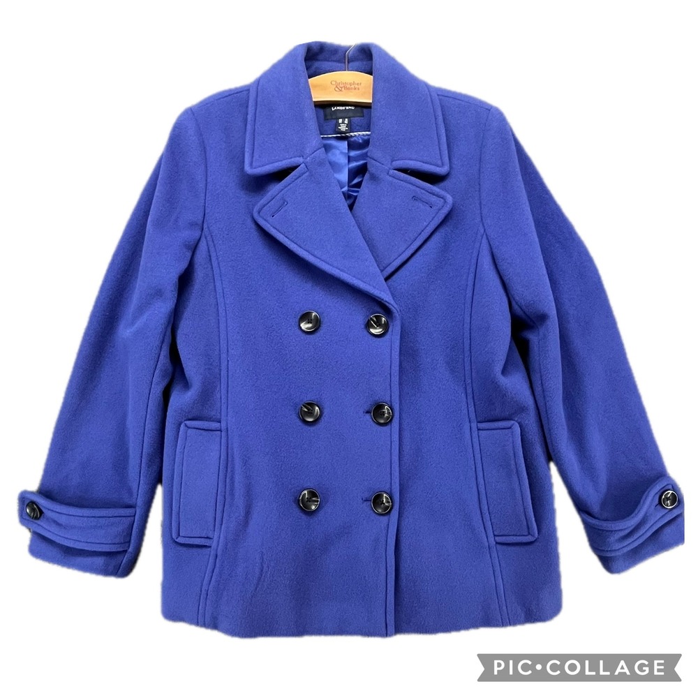 Lands End Wool Blend Pea Coat Women's Size 14‎ Blue Classic Double Breasted